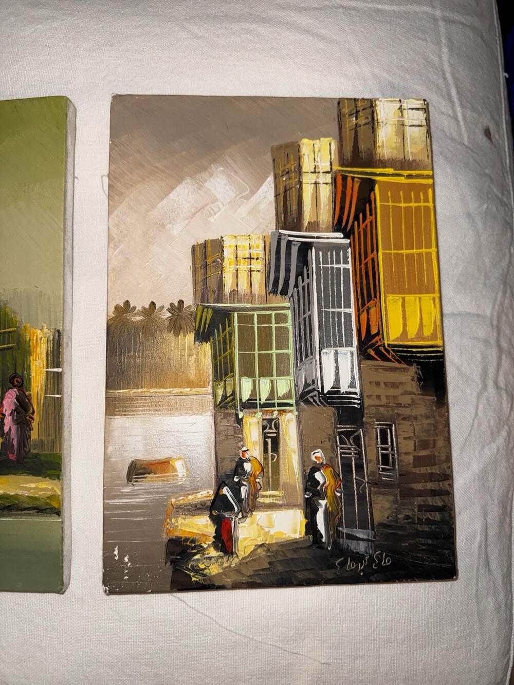 Vintage Original Middle Eastern Cityscape Oil Painting on Canvas